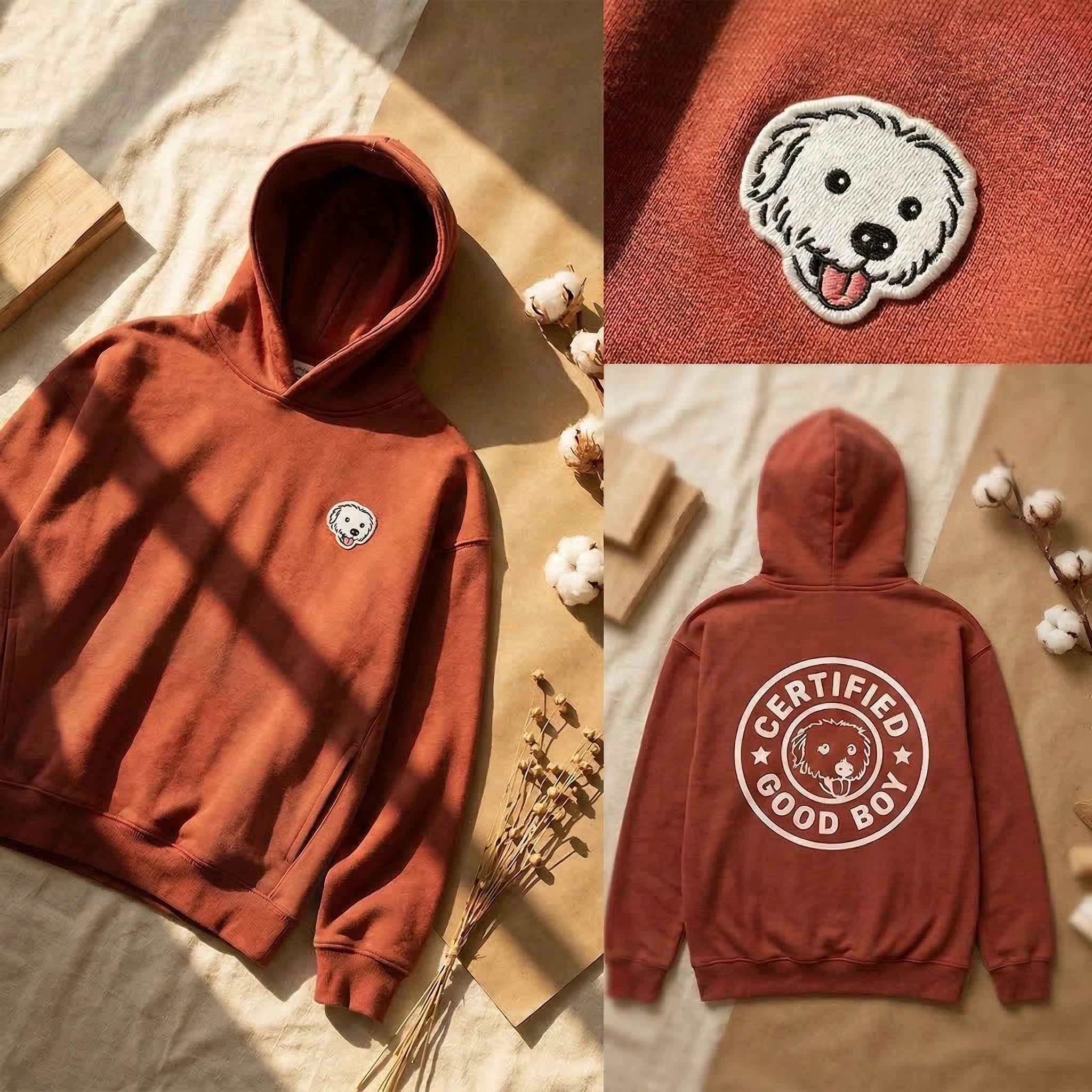 Wine hoodie with dog patch and 'Certified Good Boy' text on a textured surface.