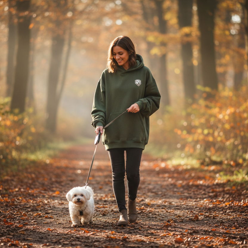 Forest Hike Hoodie - Woman Walking with Maltese
