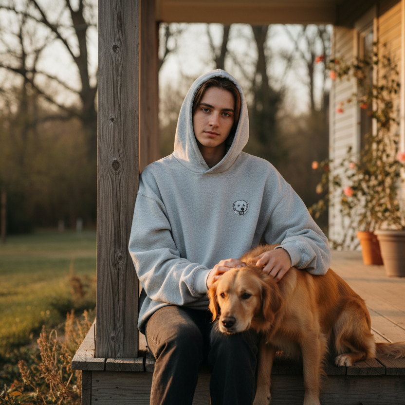 Ghost Greyhound Hoodie - Person with Dog on Porch